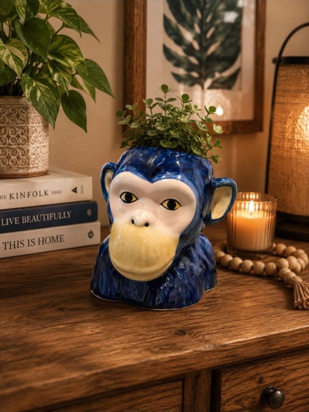 New BLUE Monkey Head Jungle Ceramic Indoor Outdoor Planter Catus Succulent Pot